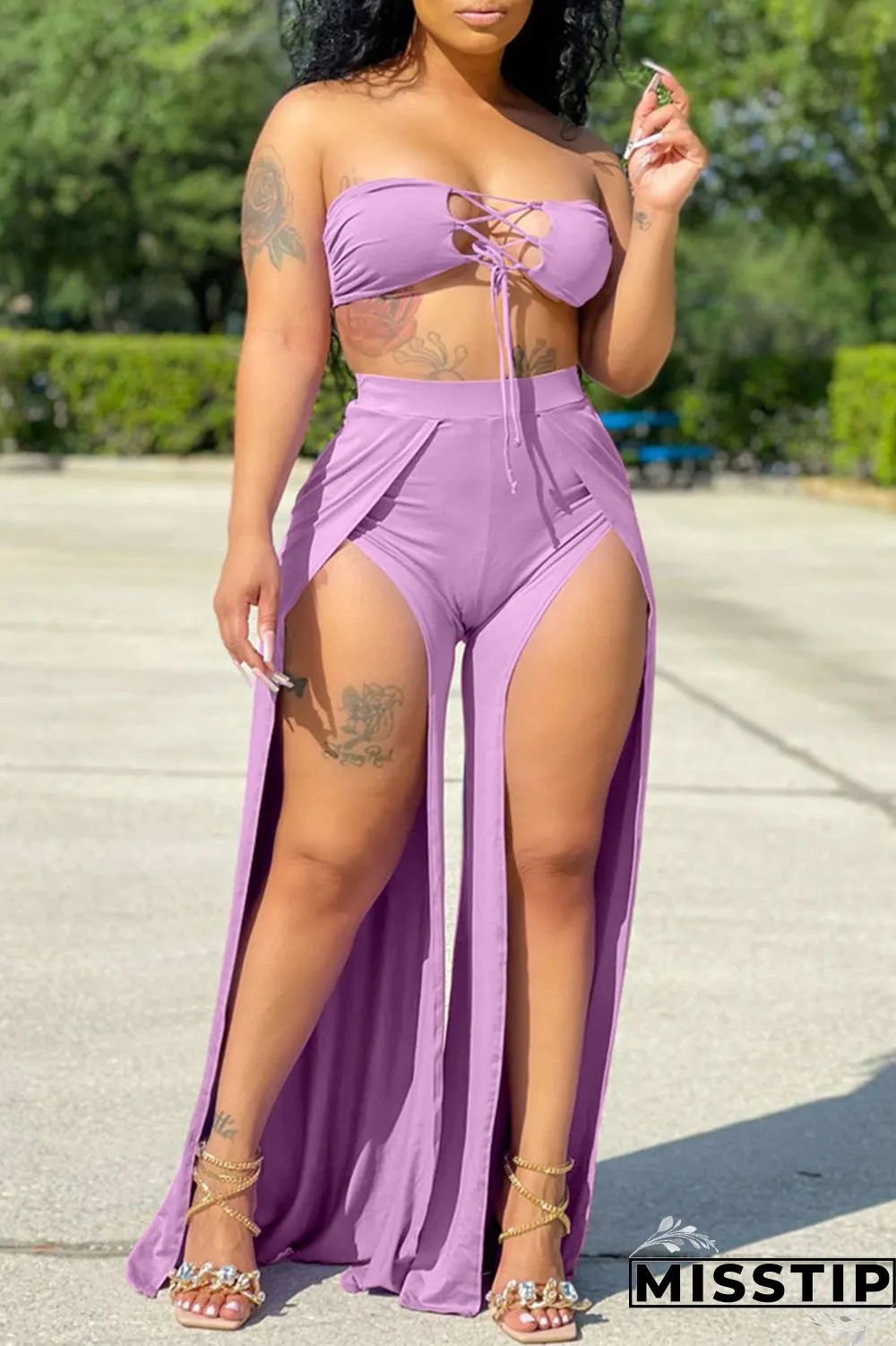 Orange Sexy Solid Hollowed Out Backless Slit Strapless Sleeveless Two Pieces