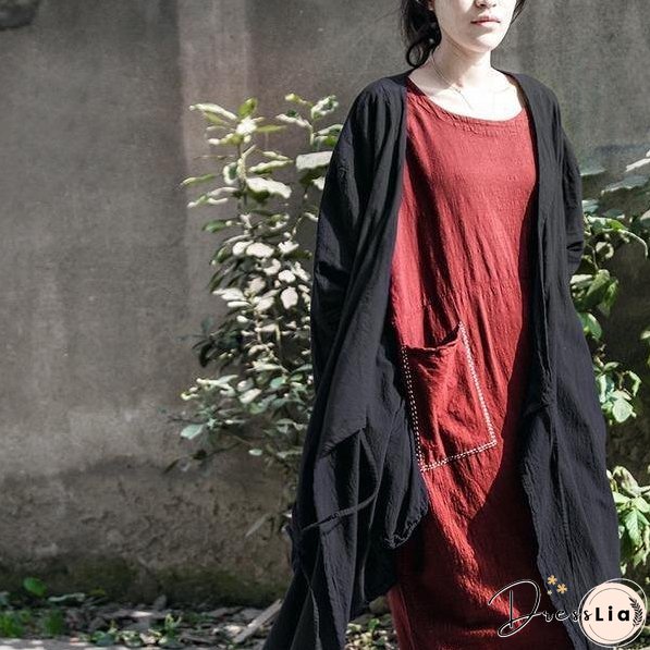 Women Cotton Linen Bandage Trench Coat V-Neck Vintage Cardigan Irregular Clothes Trench