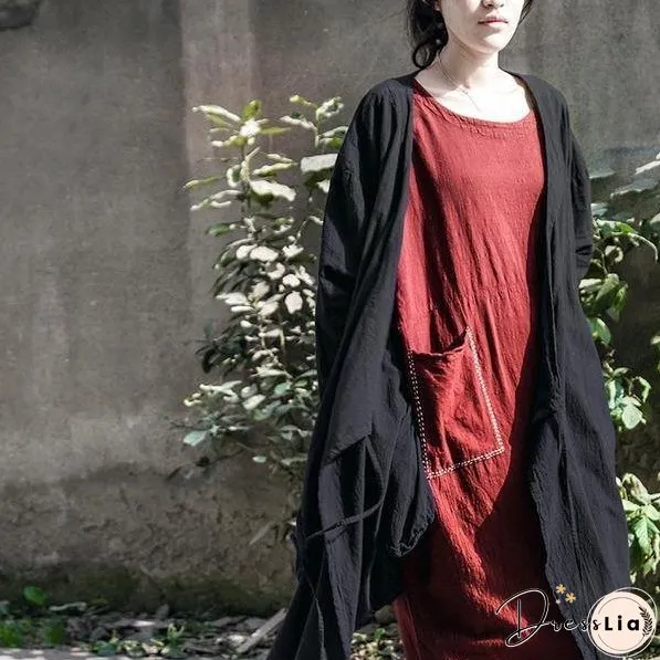 Women Cotton Linen Bandage Trench Coat V-Neck Vintage Cardigan Irregular Clothes Trench