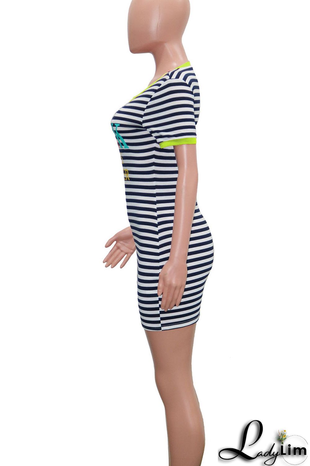 Fluorescent Yellow Casual Striped Print Patchwork O Neck Straight Dresses