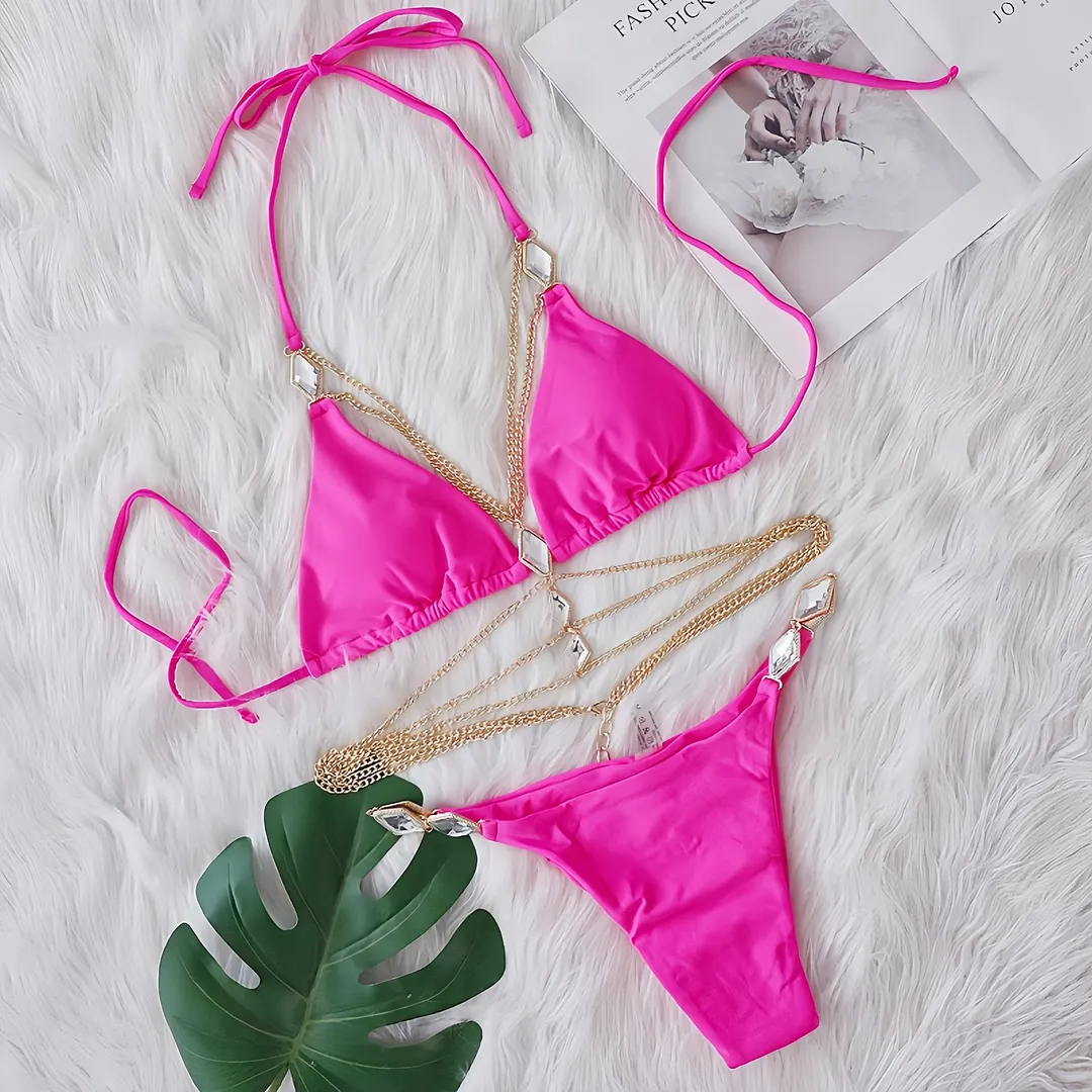 Uveng Uveng 2025 New Bikini Crystal Diamond Body Chain Decoration Swimsuit Strap Split Beach Swimsuit