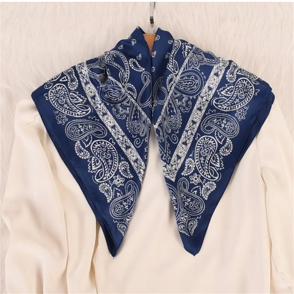 70cm*70cm Cashew Pattern Literary Satin Small Square Scarfs Navy-vocosishoes