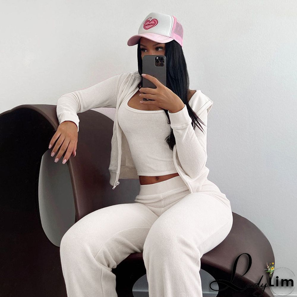 Fall Women's Fashion Hooded Zip Slim Fit Casual Sports Cardigan 2PC Set