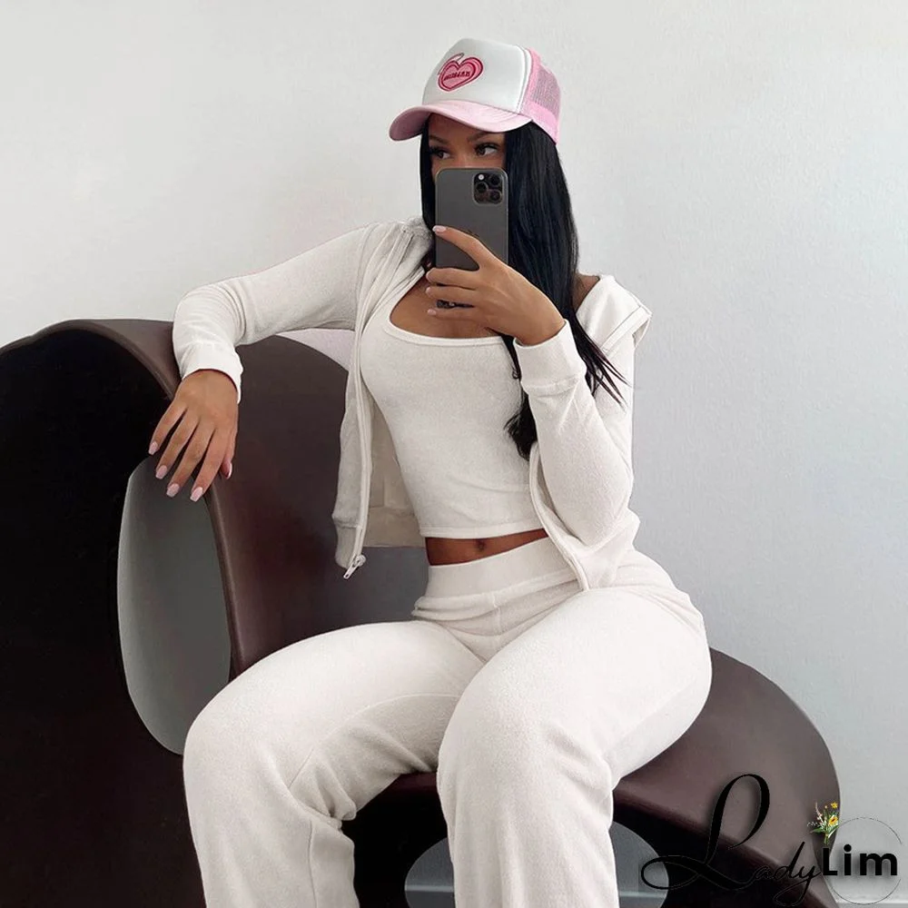 Fall Women's Fashion Hooded Zip Slim Fit Casual Sports Cardigan 2PC Set