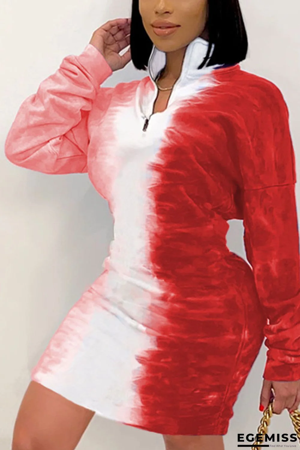 Red Sexy Gradual Change Print Turndown Collar Long Sleeve Mini Pencil Skirt Dresses | EGEMISS