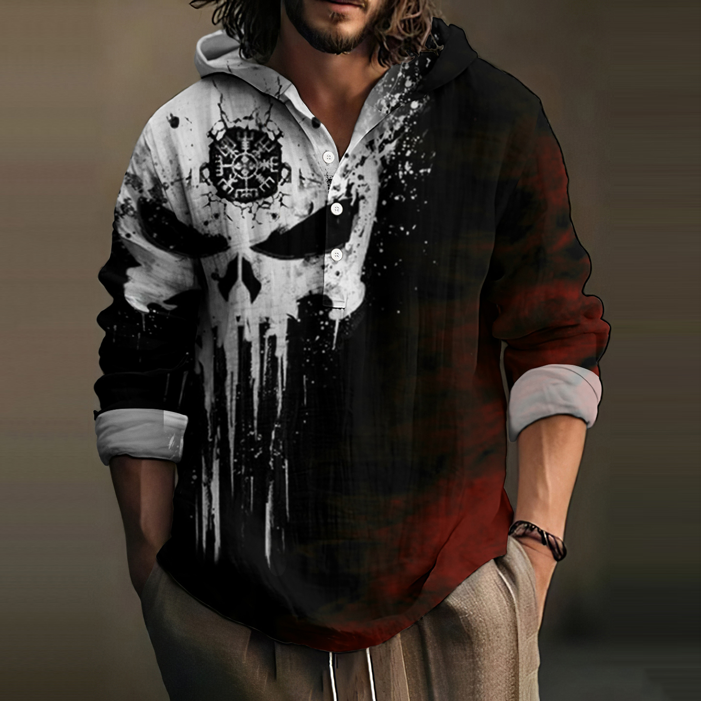 Vintage Viking Skull Contrast Color Art Men's Linen Hooded Shirt / Rvogue / Rvogue