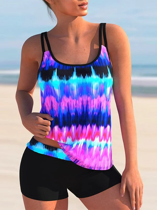 Plus Size Swimwear Sleeveless Bright Floral Printed Striped  Graphic Tankini