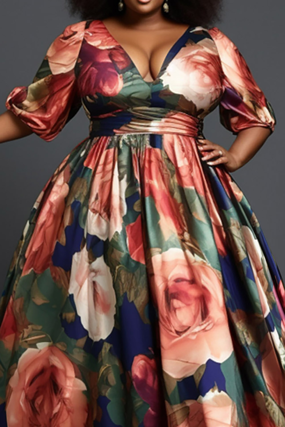 Design Plus Size Elegant Multicolor Floral V Neck Lantern Sleeve Satin Maxi Dresses [Pre-Order]