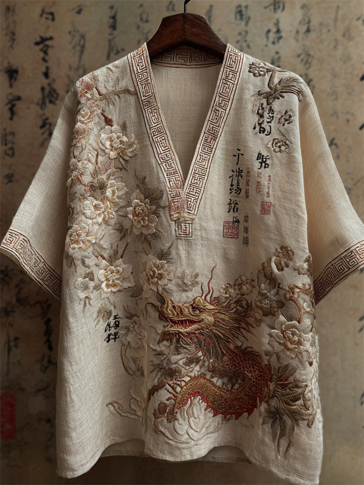 Vintage Japanese Dragon & Flowers Art Linen Shirt elevenforest