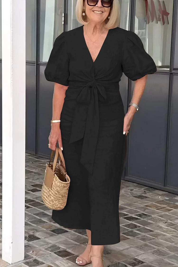 Women's 2024 Casual Cotton Linen Puff Sleeve V-Neck Maxi Dress