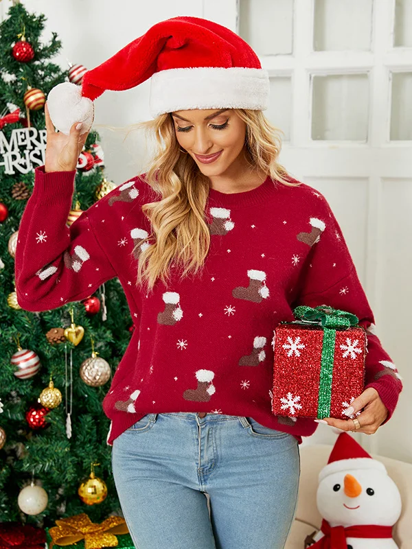 Christmas Roomy Long Sleeves Socks Stamped Round-Neck Sweater Tops