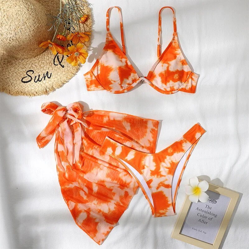 Peachtan Tie dye bikini 2021 Skirts 3 pieces set Push up swimsuit women Underwired swimwear female Sexy bathing suit beach wear