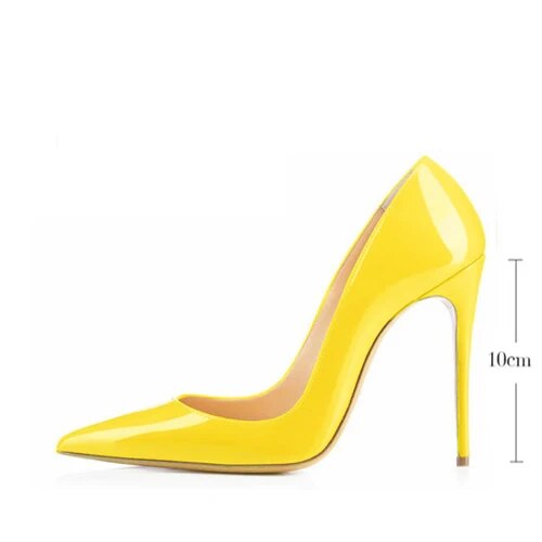 VCshoes Women Pumps Woman Shoes High Heel Pointed Toe Patent Leather Valentine Shoes Yellow 12 Cm Stiletto Ladies Shoes QP002