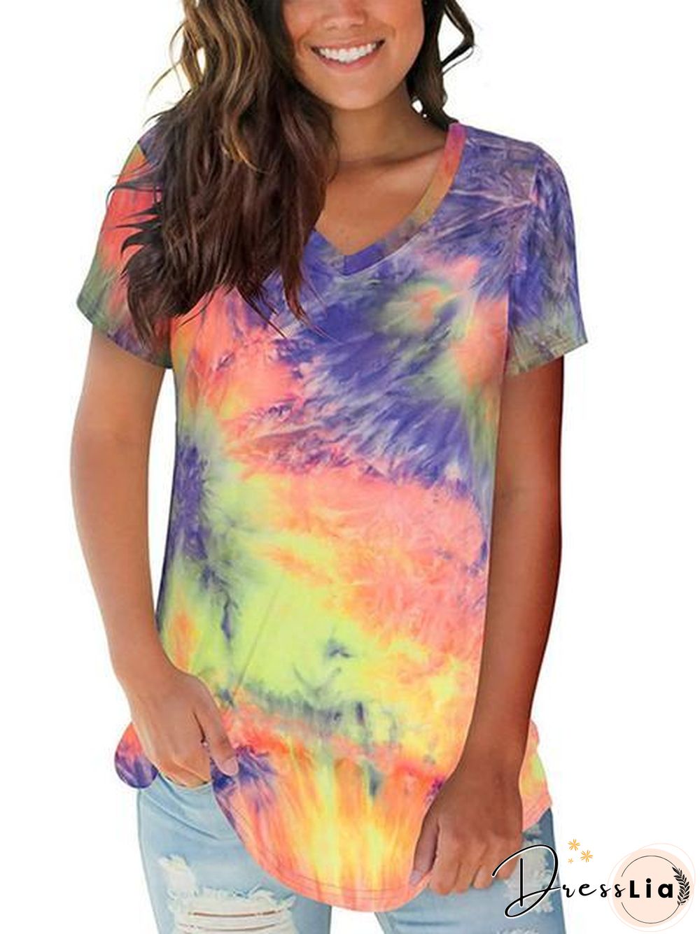 Tie-Dye Print V-Neck Loose T-Shirt