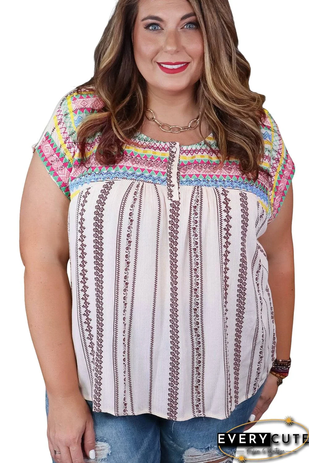 Multicolor Plus Size Boho Floral Striped Print Blouse