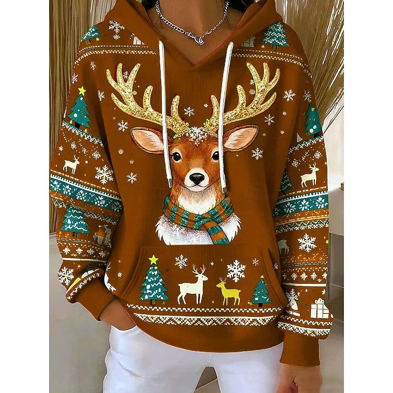 Men's Casual Sports Christmas Reindeer Series 3D Digital Printed Hooded Pullover