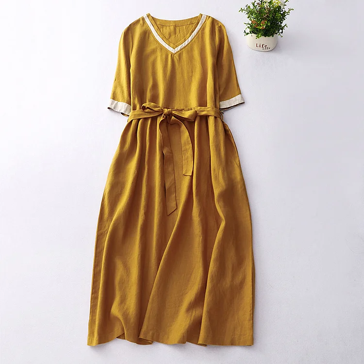 Literary cotton linen v-neck color-block tie dress