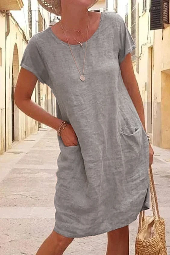 Summer Loose Solid Color Pocket Short Sleeve Round Neck Cotton Linen Dress Women's socialshop