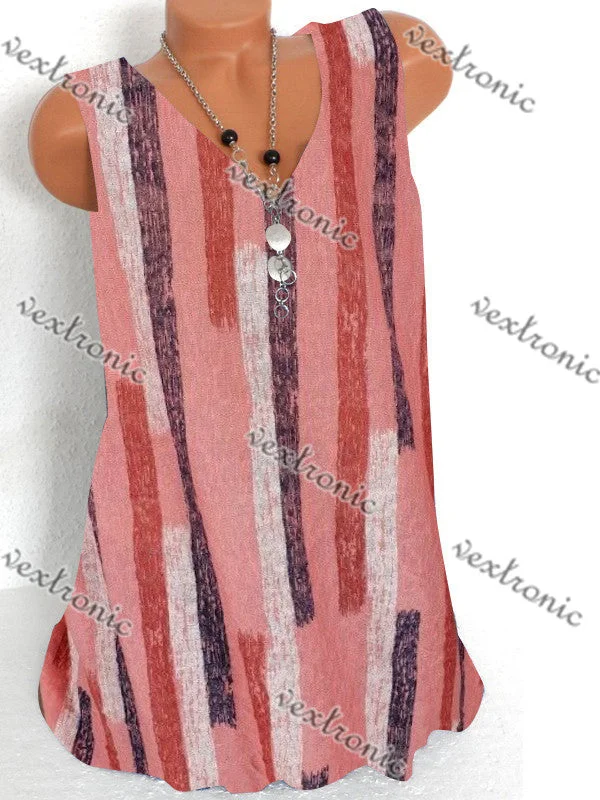 Women Casual Sleeveless V-Neck Striped Printed Tops