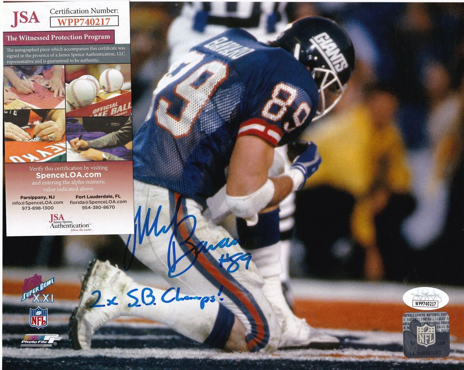 MARK BAVARO NEW YORK GIANTS 2 X SB CHAMPS JSA AUTHENTICATED ACTION SIGNED 8x10