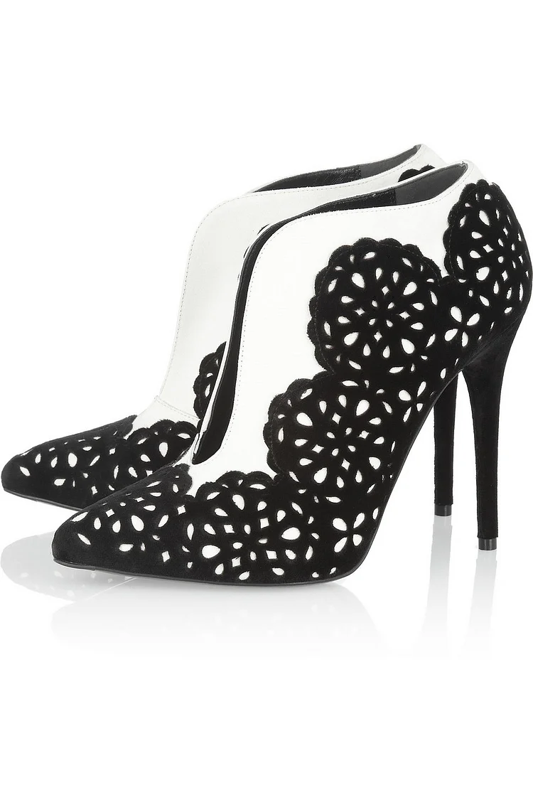 Black and White Heels Burnt-out Pointy Toe Stiletto Heel Pumps Vdcoo