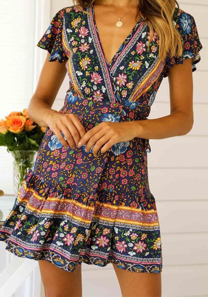 Women V-neck Bohemian Ditsy Floral Midi Dress August Lemonade August Lemonade