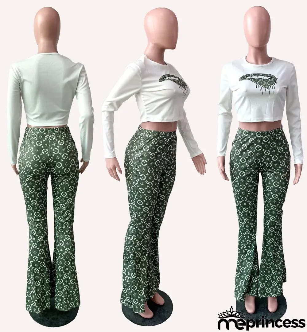 Lips Print Long Sleeve Flared Pants Two Piece Sets