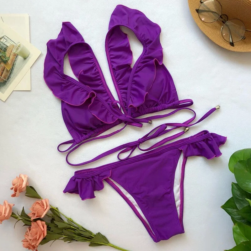 Women Swimsuit 2019 Sexy Solid Push Up Bikinis Ruffle Shoulder Bikini Set Pad Vest Bikini Low Waist Bandage Swimwear 3563