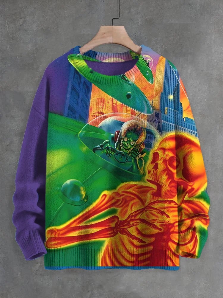 Men's Futuristic Sci-Fi Art Skull UFO Print Knit Sweatshirt