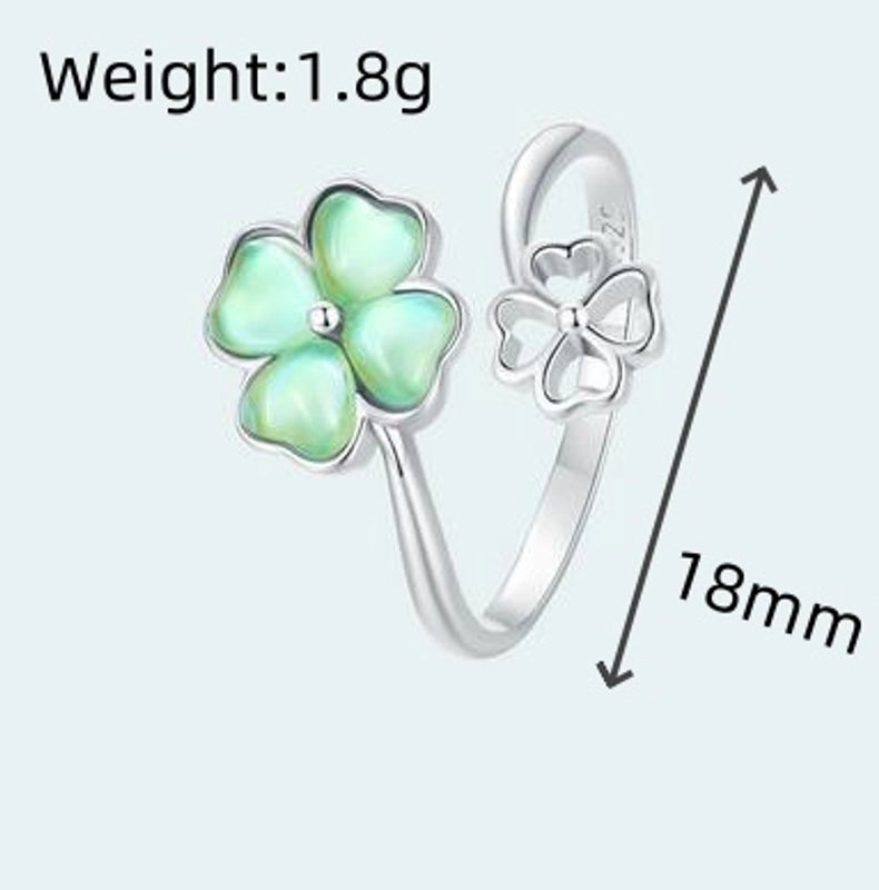 White Gold Plated 925 Sterling Silver Glass Four Leaf Clover Open Rings