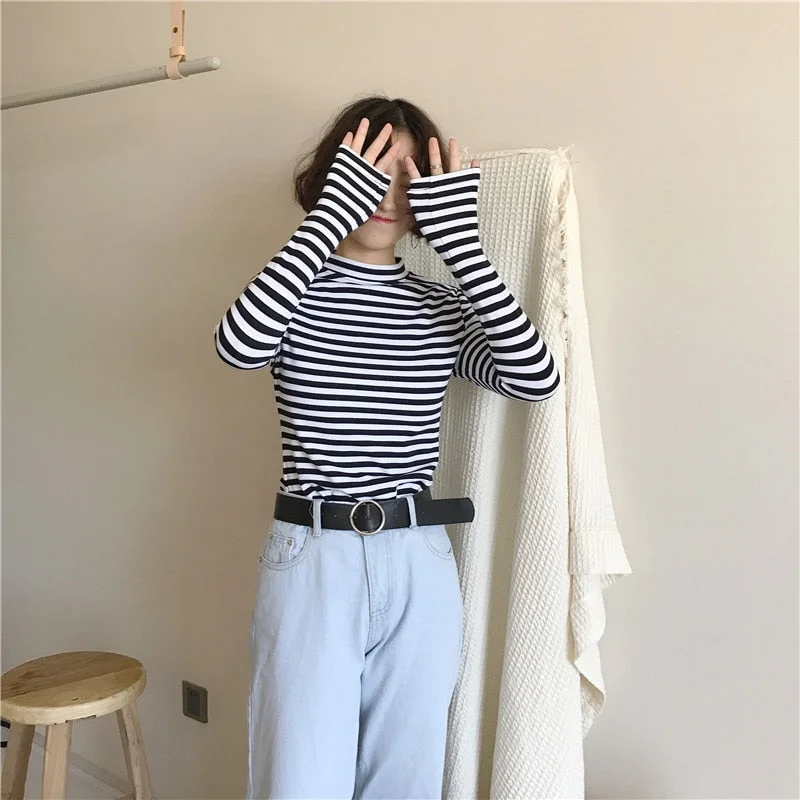 2019 Korean Style Long Sleeve T Shirts Women New Hot Sale Student T-shirt Womens Fashion Harajuku Striped Female Slim Femme Lady