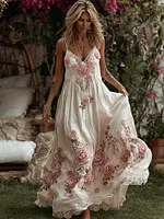 Women's Pink Rose Art V Neck Suspender Maxi Dress
