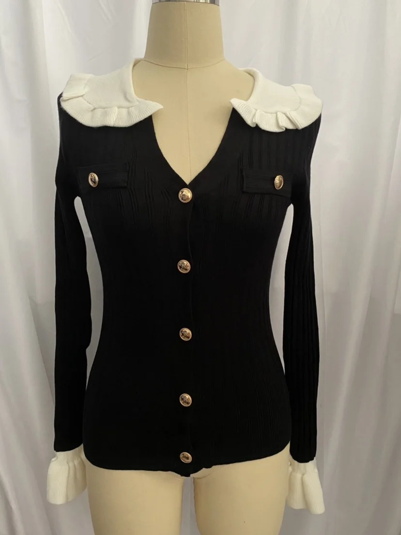 Uveng Uveng Temperament French Elegant Lotus Side Knitted Cardigan Woman 2024 New Top Hit Color Single Buckle Knitted Jersey