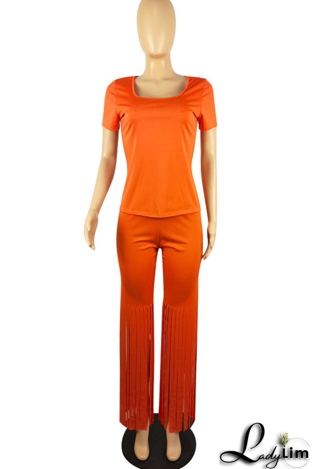 Pink Casual Solid Tassel Split Joint U Neck Short Sleeve Two Pieces