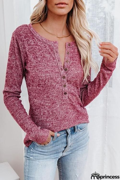 Button O Neck Knit Long Sleeve Top