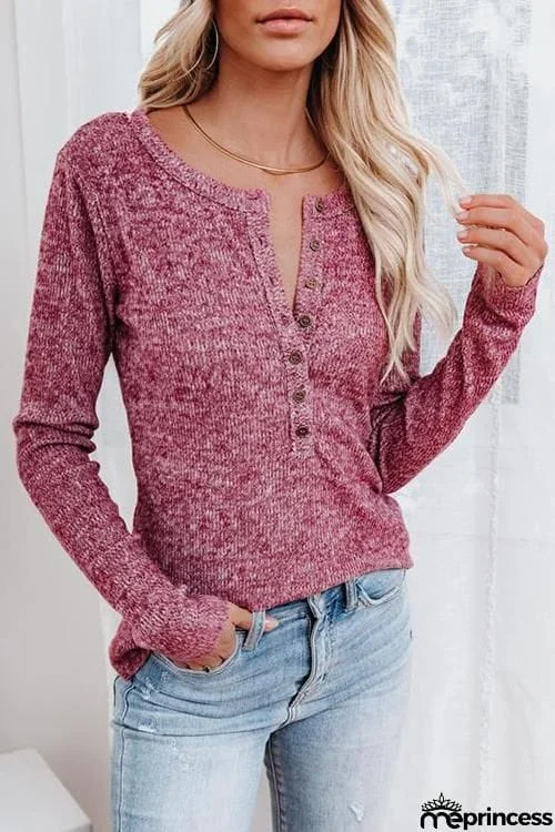 Button O Neck Knit Long Sleeve Top
