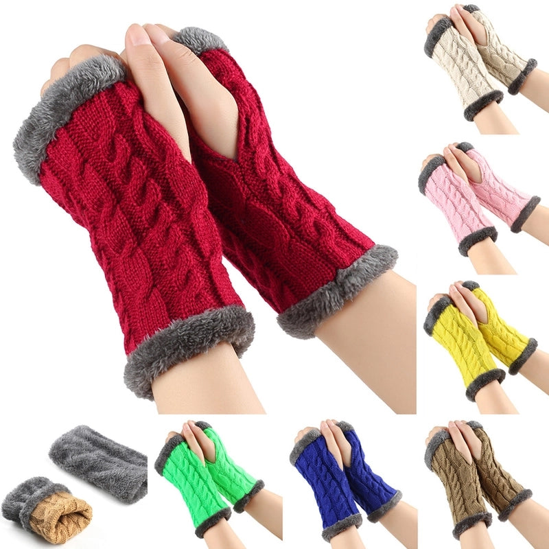 New Autumn And Winter Fleece-lined Wool Gloves Twist Knitted Finger Leakage Plush Oversleeve Warm Thickened Wool Gloves