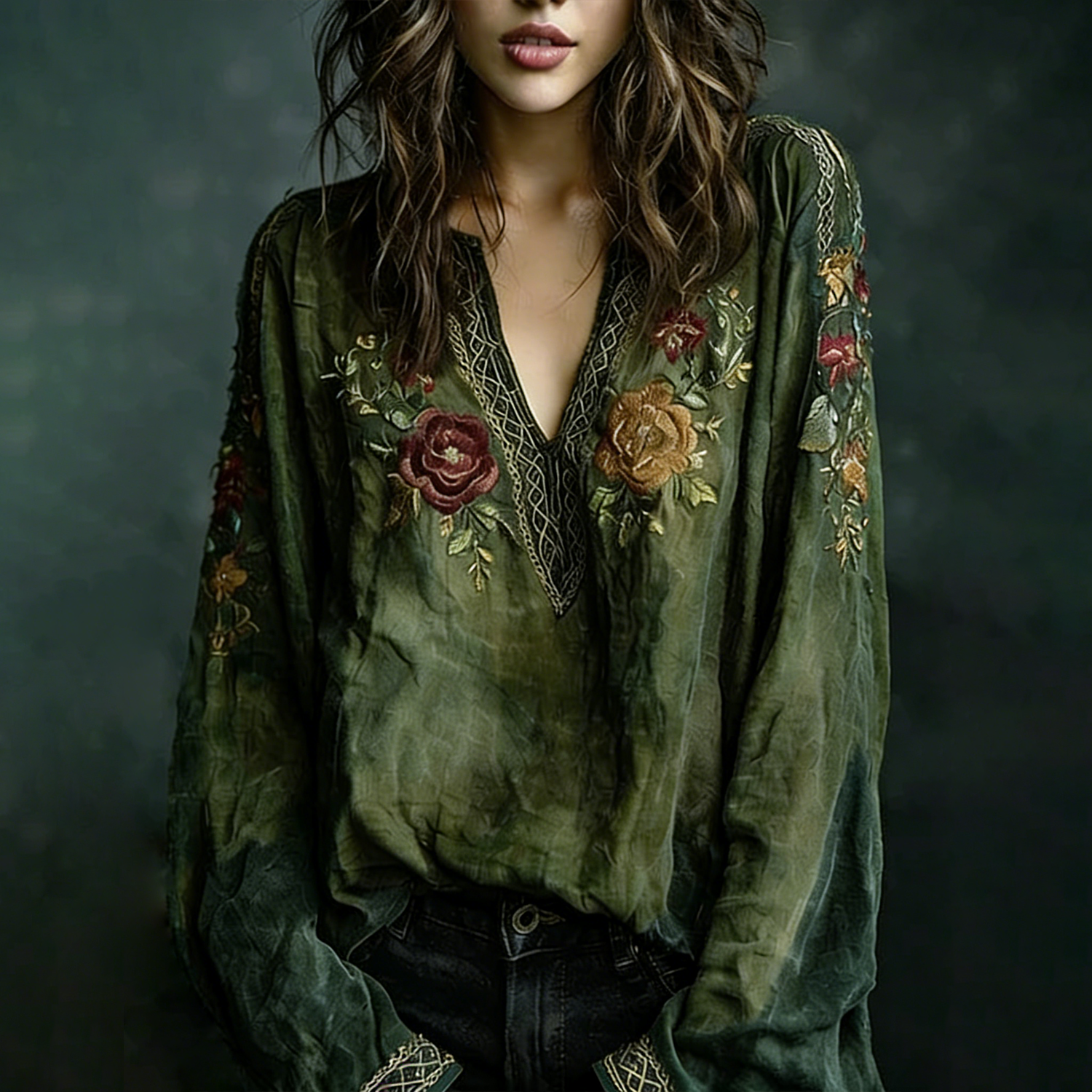 Linen Bohemian Embroidered Top Women's Loose Long Sleeve Peasant Blouse Ethnic Vintage Style Summer Casual Shirt - Helixace