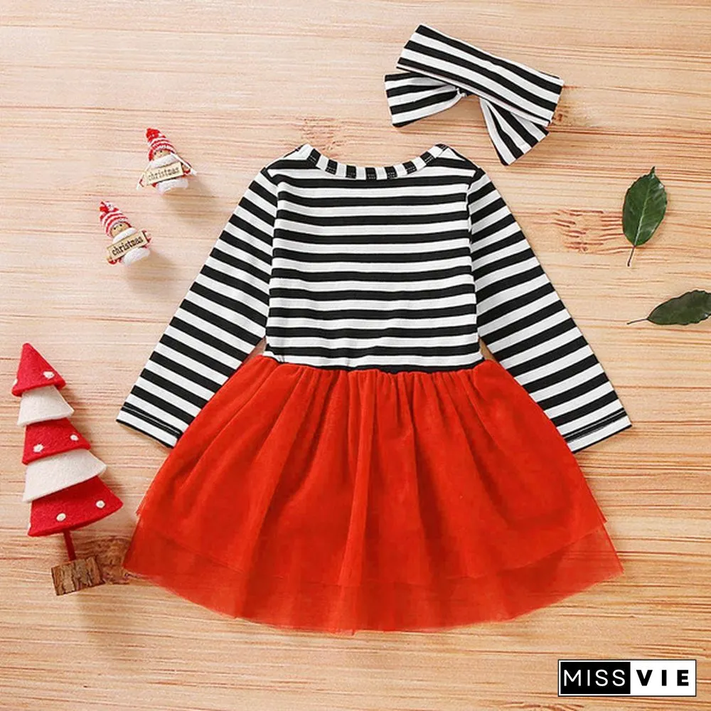 New Fashion Toddler Baby Girls Cute Christmas Santa Striped Print Tulle DressHeadband