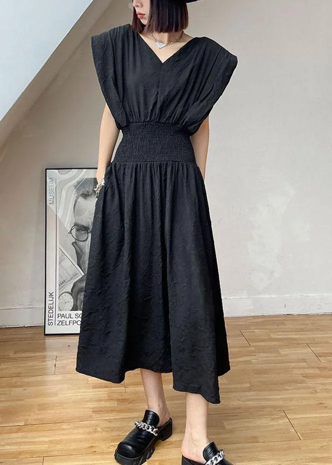 Vintage Black Cinched V Neck Sleeveless Summer Maxi Dresses