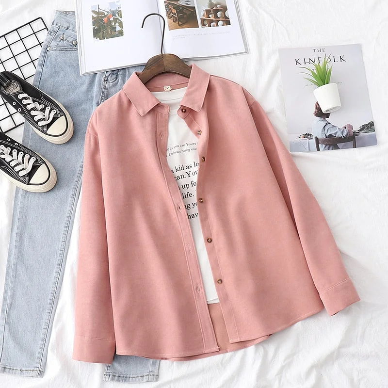 2021 New Simple Women's Shirt Long Sleeve Loose Tops Office Lady Casual Pink White Blue Long Sleeve Blouses Fashion Clothing