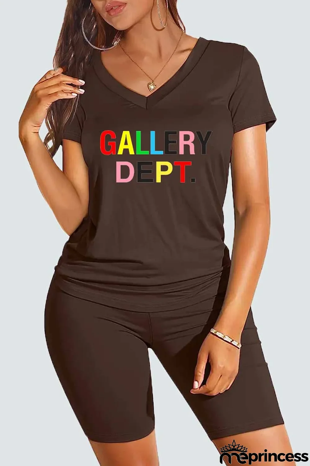 Coffee Casual Print Letter V Neck Short Sleeve Two Pieces