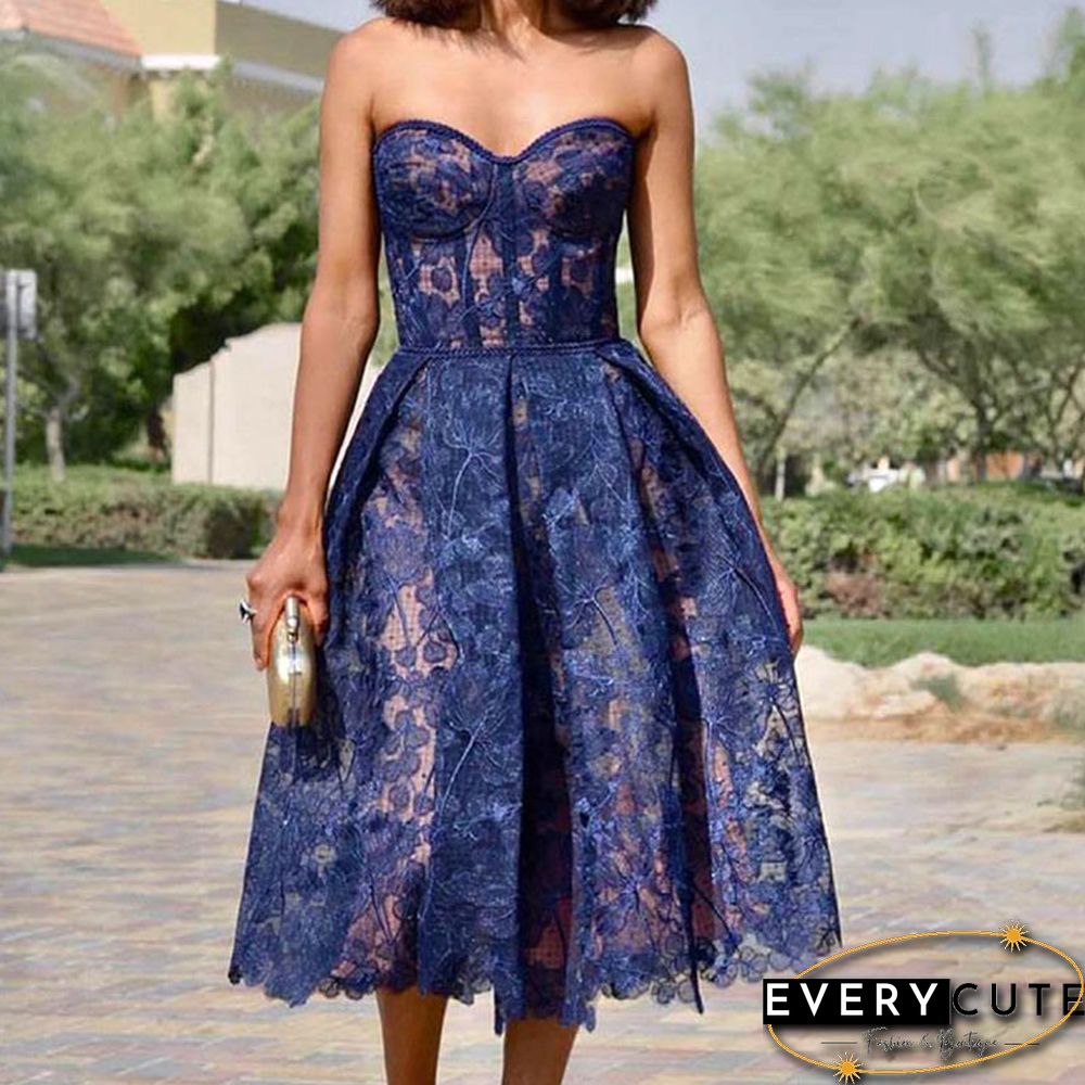 Elegant floral embroidery lace solid long dress women sexy off shoulder strapless waist