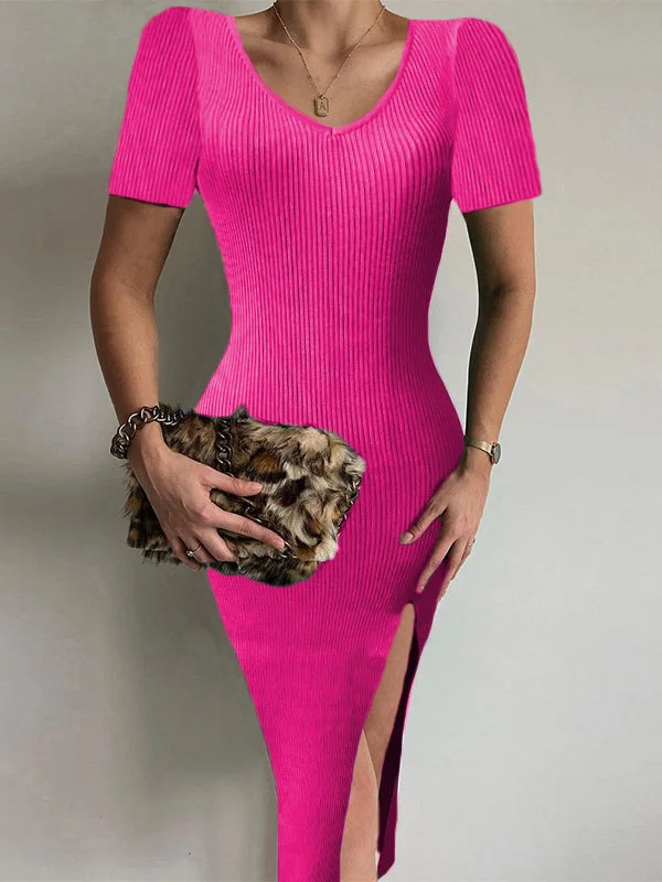 Women plus size clothing Women Short Sleeve Scoop Neck Solid Color Midi Dress Knit Sweater-Nordswear