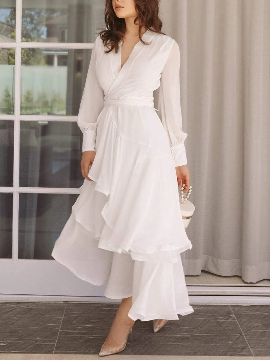 V-neck solid color long-sleeved dress