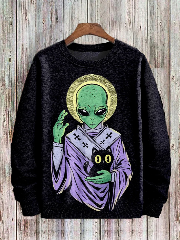 Men's Alien And Black Cat Funny Art Print Casual Sweatshirt