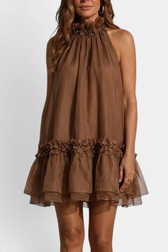 Ruffled High Neck Mini Dress with Tiered Hem