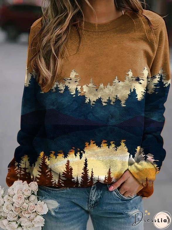 Women's T-Shirts Landscape Print Round Neck Pullover Long Sleeve T-Shirts
