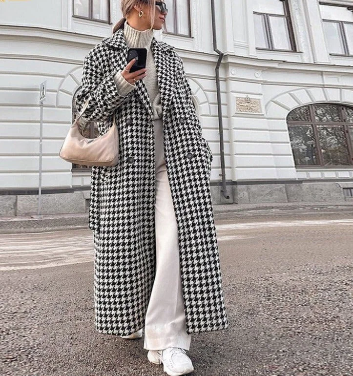 Uforever21 Fall Outfits  Winter Loose Houndstooth Women Coat Elegant Lapel Long Sleeve Office Jacket Trench Fashion Classic Warm Overcoat Female