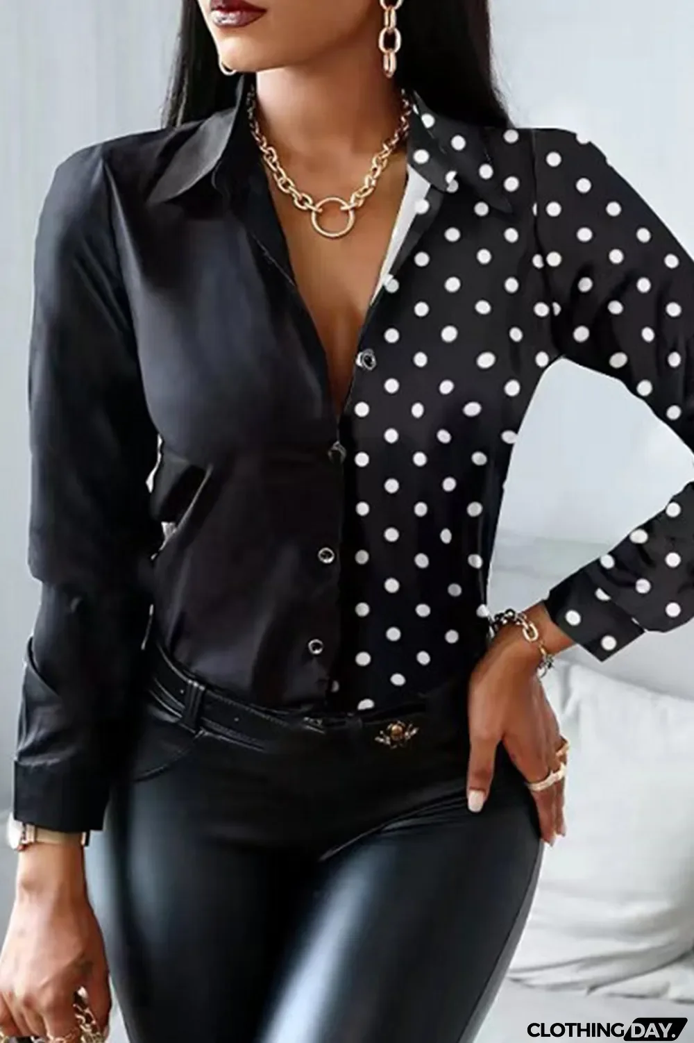 White Fashion Casual Print Patchwork Turndown Collar Tops